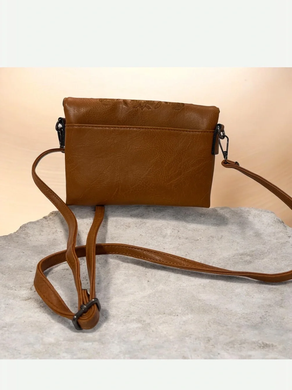 Embroidered Flap Crossbody Bag in Cognac Brown